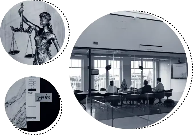 ClearERC: justice statue, a signed document and a team meeting